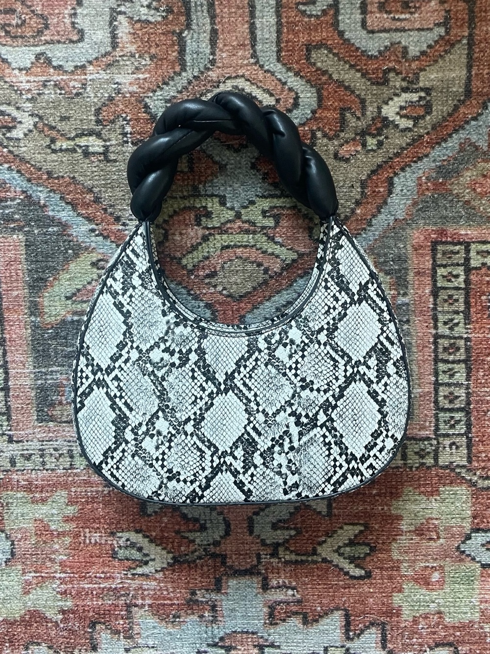 Topshop Black & White Snake-Print Shoulder Bag with Braided Handle